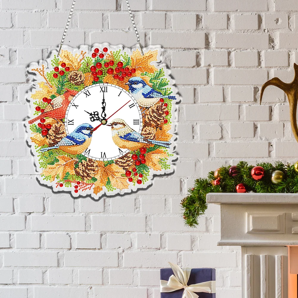 2D Flat DIY Fall Bird Acrylic Diamond Painting Clock Pendant Home Decoration