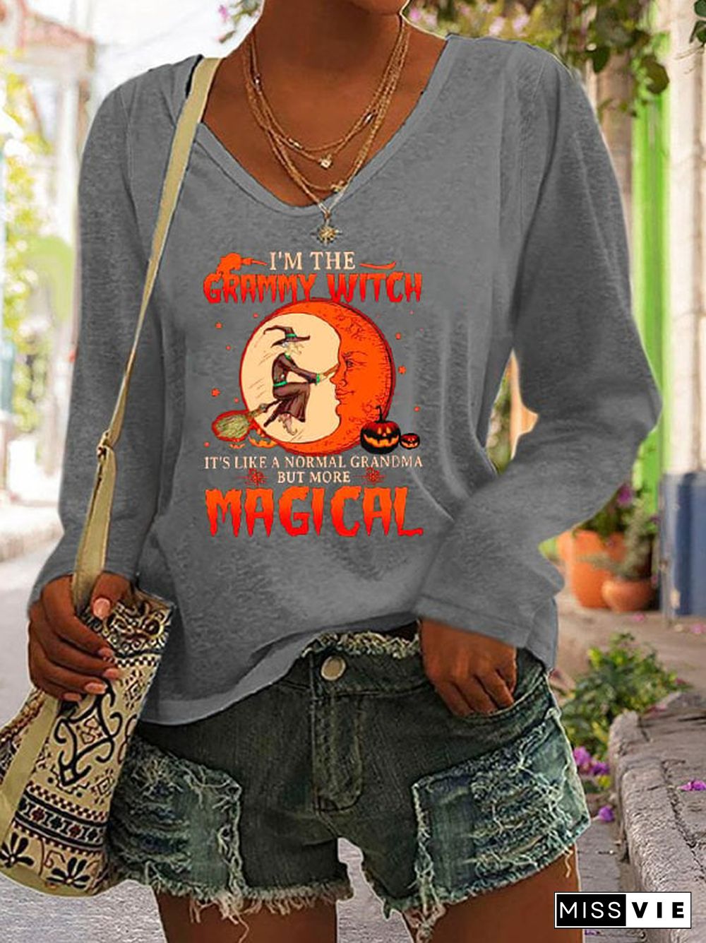 Women's I'm the Grammy Witch Print V-Neck Long Sleeve Top