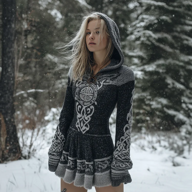 Women's Retro Viking Celtic Style Hooded Knit Sweater Dress