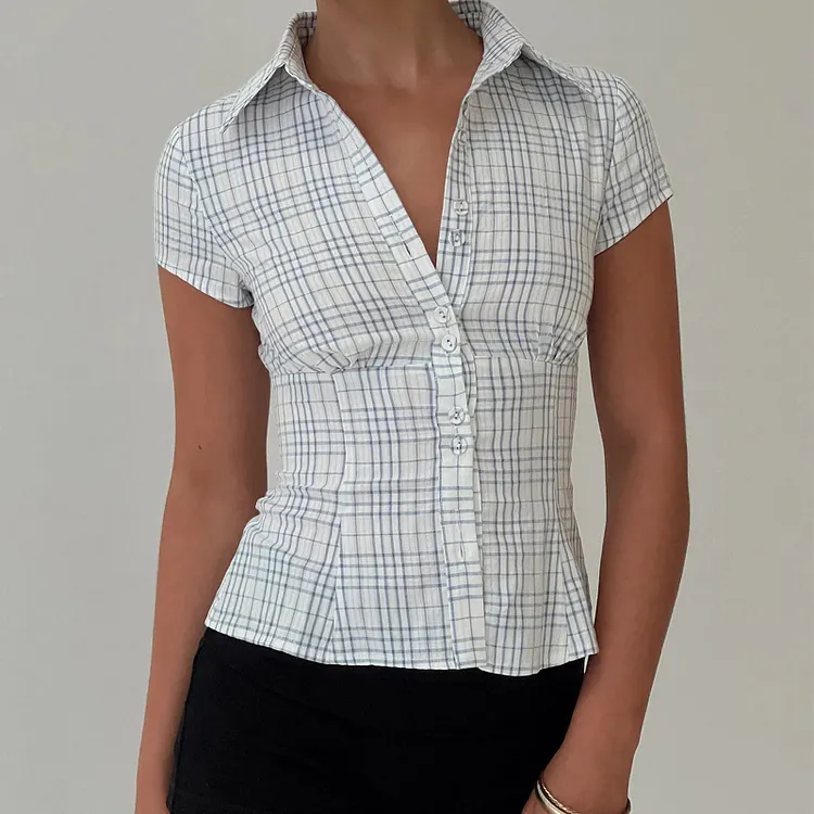 Y2K Plaid Button Down Short Sleeve Blouse