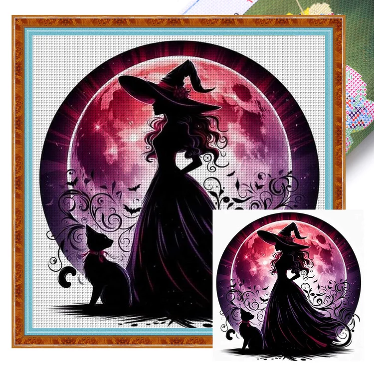 【Yishu Brand】Silhouette Of Witch And Cat (45*45cm) 11CT Stamped Cross Stitch gbfke