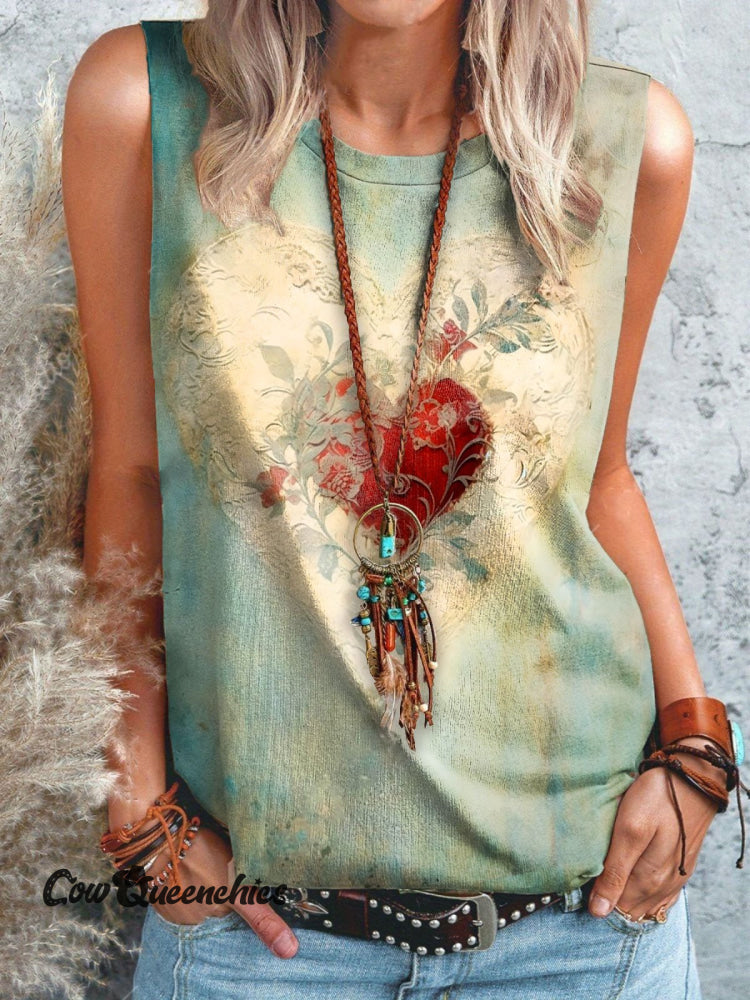 Women’s Vintage Heart Print Casual Tank Top Multicolor / S