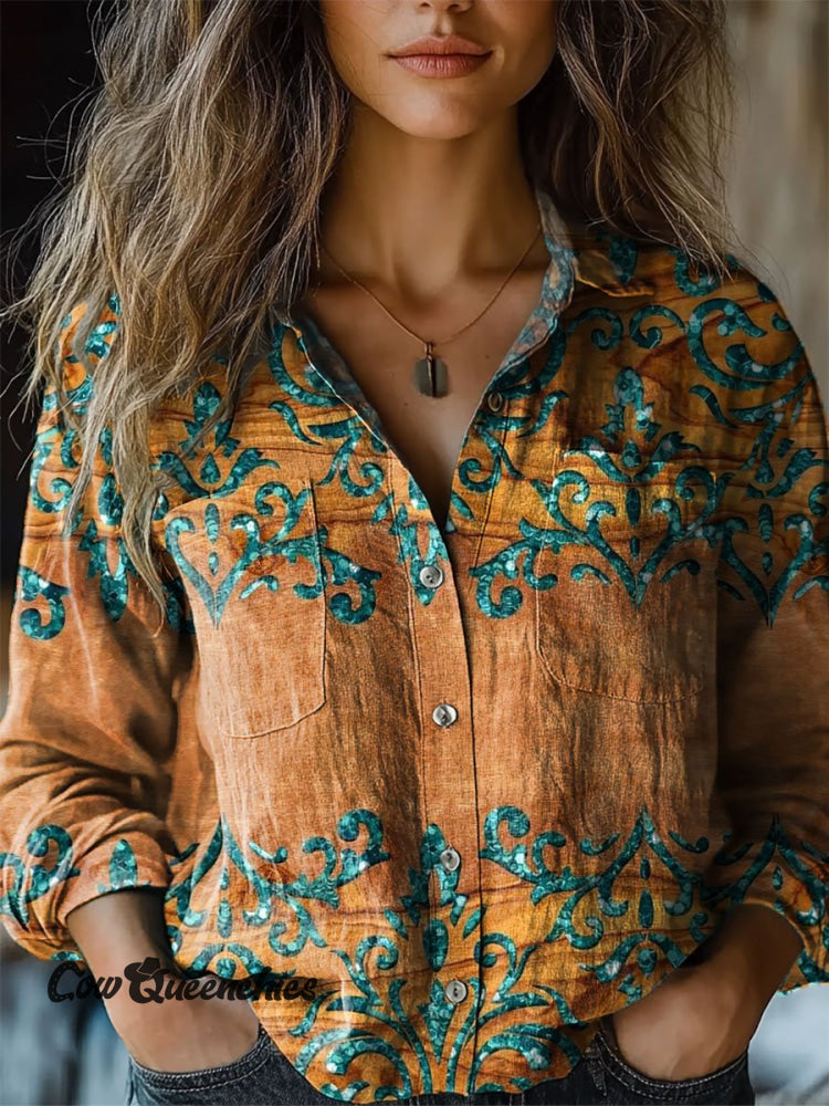 Women’s Vintage Print Casual Long Sleeve Comfortable Cotton Shirt Multicolor / S