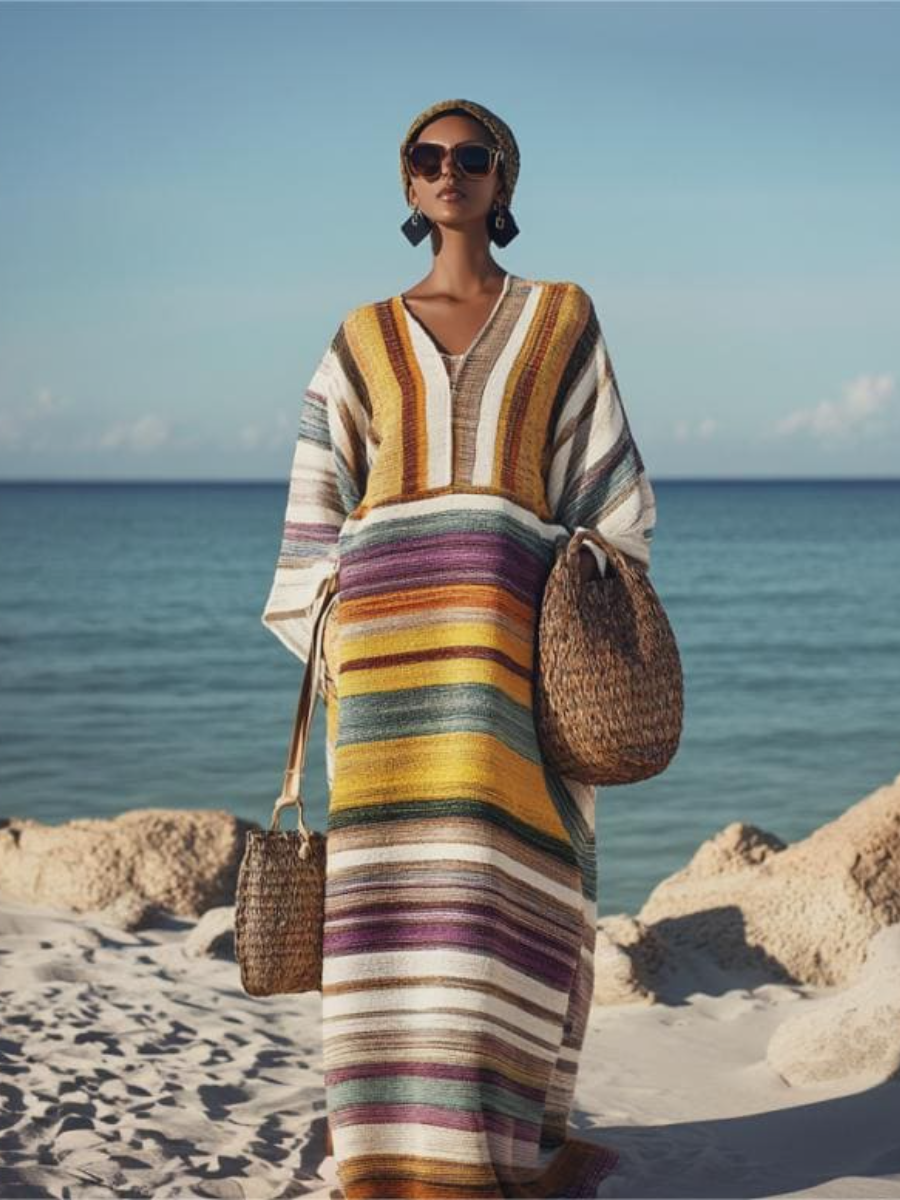 Cotton and linen women's V-neck long skirt