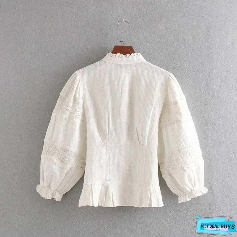 Joskka Stylish Women Blouse Embroidery Shirt Autumn New Fashion Hollow Out Lace Patchwork Striped Modern Lady Short Tops Fall Outfits