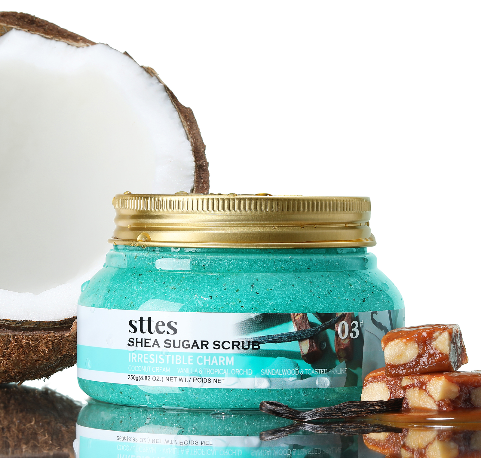 Sttes Shea Sugar Scrub 03# Irresistible Charm &ndash; Coconut Cream, Vanilla Tropical Orchid & Sandalwood Toasted Praline Scent &ndash; Luxurious Softening Nourishing Scrub 250g
