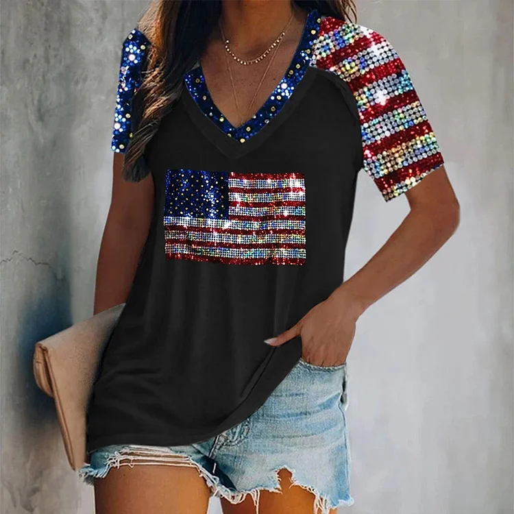 Comstylish Women's Independence Day Flag V Neck Printed Casual T-Shirt