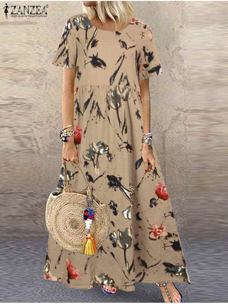 Women Short Sleeve Floral Printed Sundress 2024 ZANZEA Summer Bohemian Holiday Casual Dress Beach Kaftan Vestido Robe