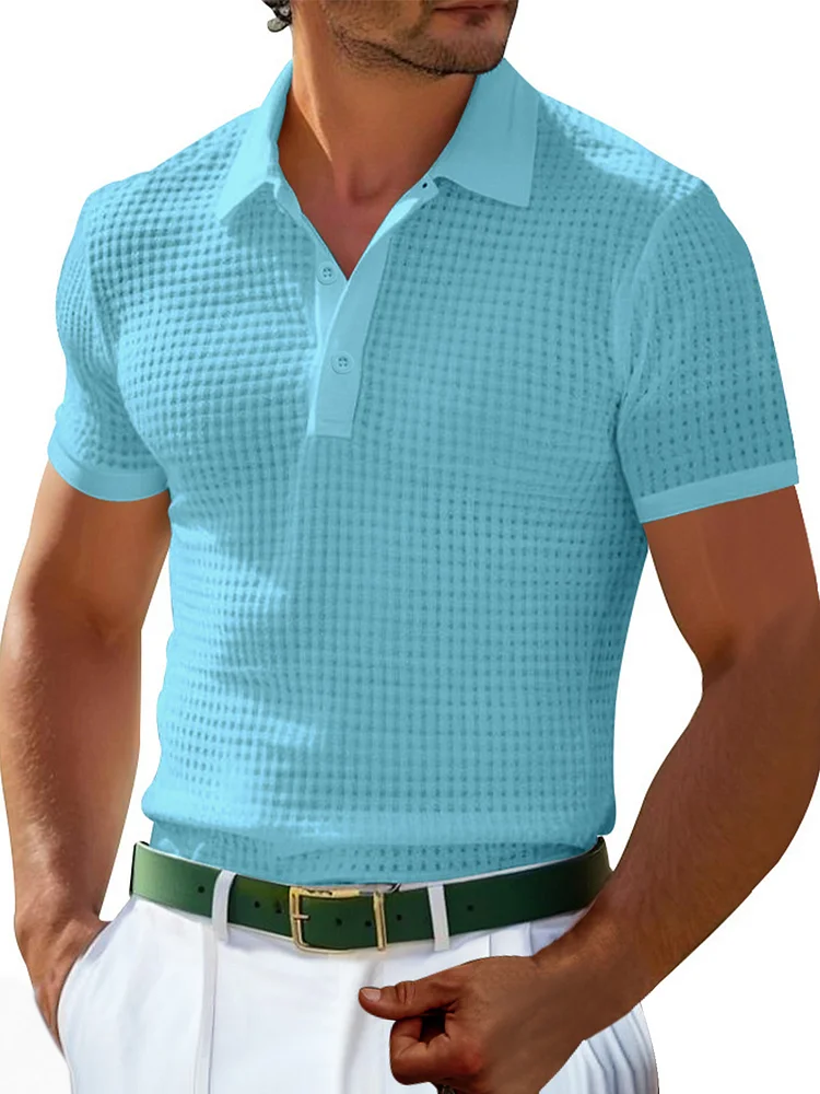 Men's Summer Button Waffle Solid Color Short Sleeve POLO Shirt