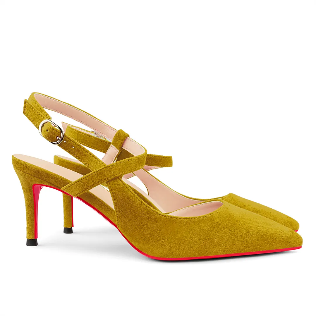 65mm Women Pumps Ankle Strap Jenlove Stiletto Slingback Suede Kitten Pointed Toe Dress Red Bottoms Heels-vocosishoes