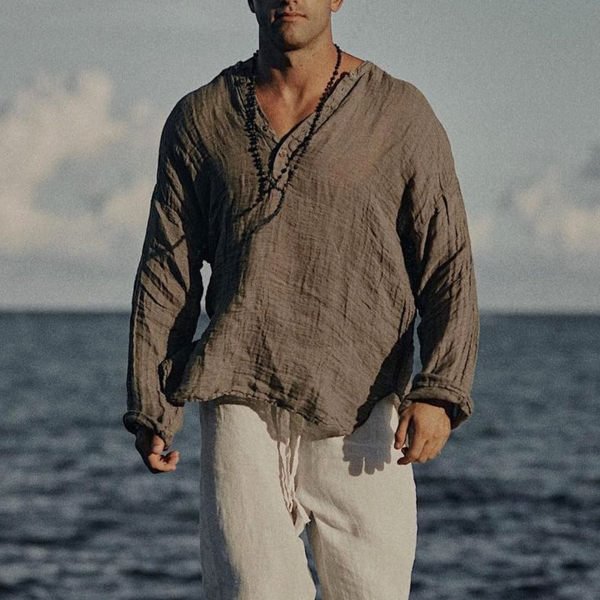 Men's Casual Cotton Linen Long Sleeve Shirt