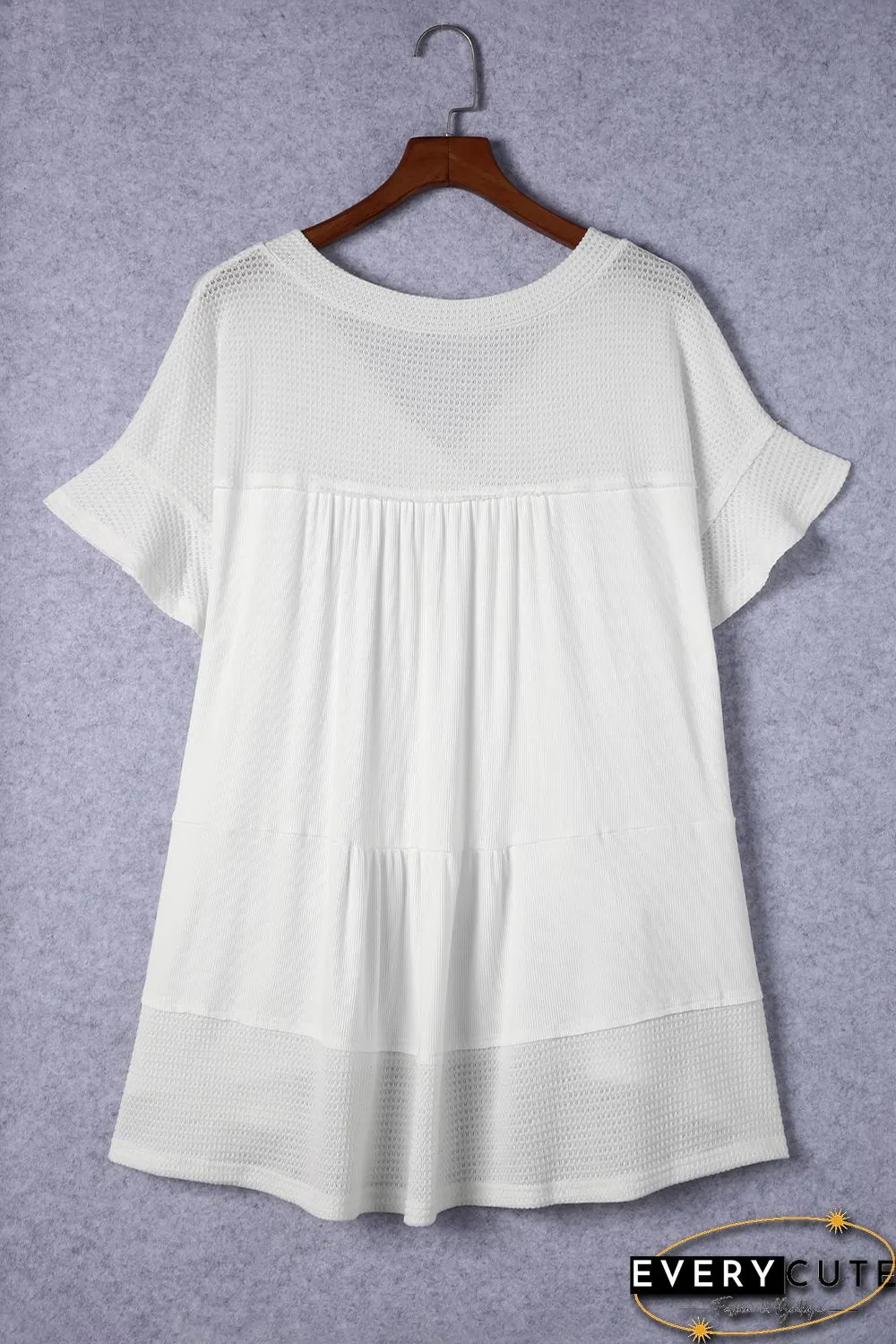 White Contrast Knit Splicing V Neck Studded Blouse