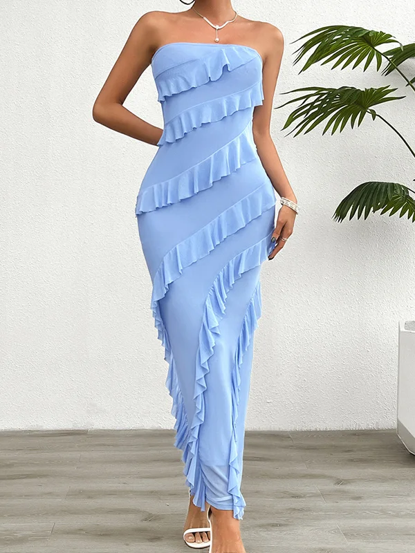 Ruffle Trim Solid Color Split-Back Split-Joint Bodycon High Waisted Tube Maxi Dresses