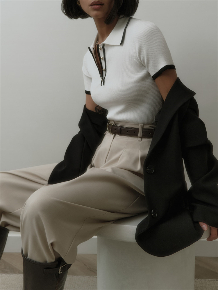 Ootddress Knit Sweater Pullover Women Short Sleeve Patchwork Slim Lapel Elegant Contrast Knitwear Top Female Skinny Ribbed Pullover