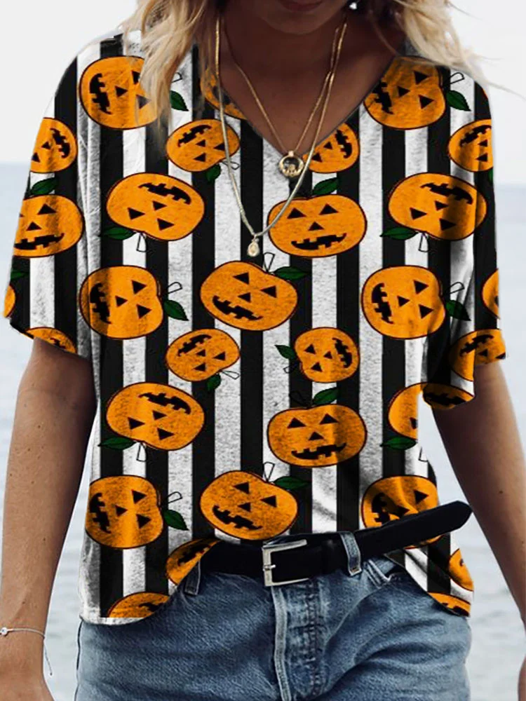 Halloween Pumpkin V Neck T Shirt
