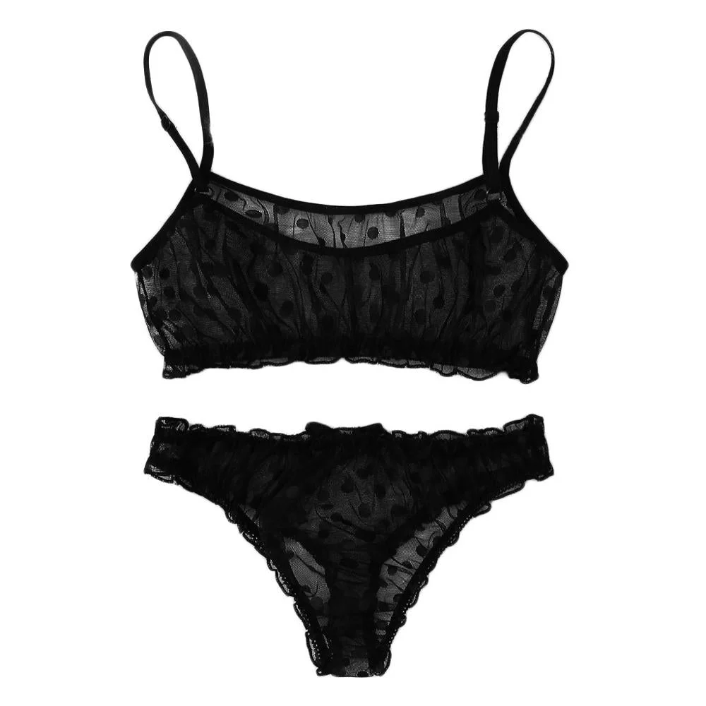 Women Underwear Set Sexy Dot Mesh Bra Bowknot Underpants Black Lingerie Set S-XL soutien gorge sans armatures 3@