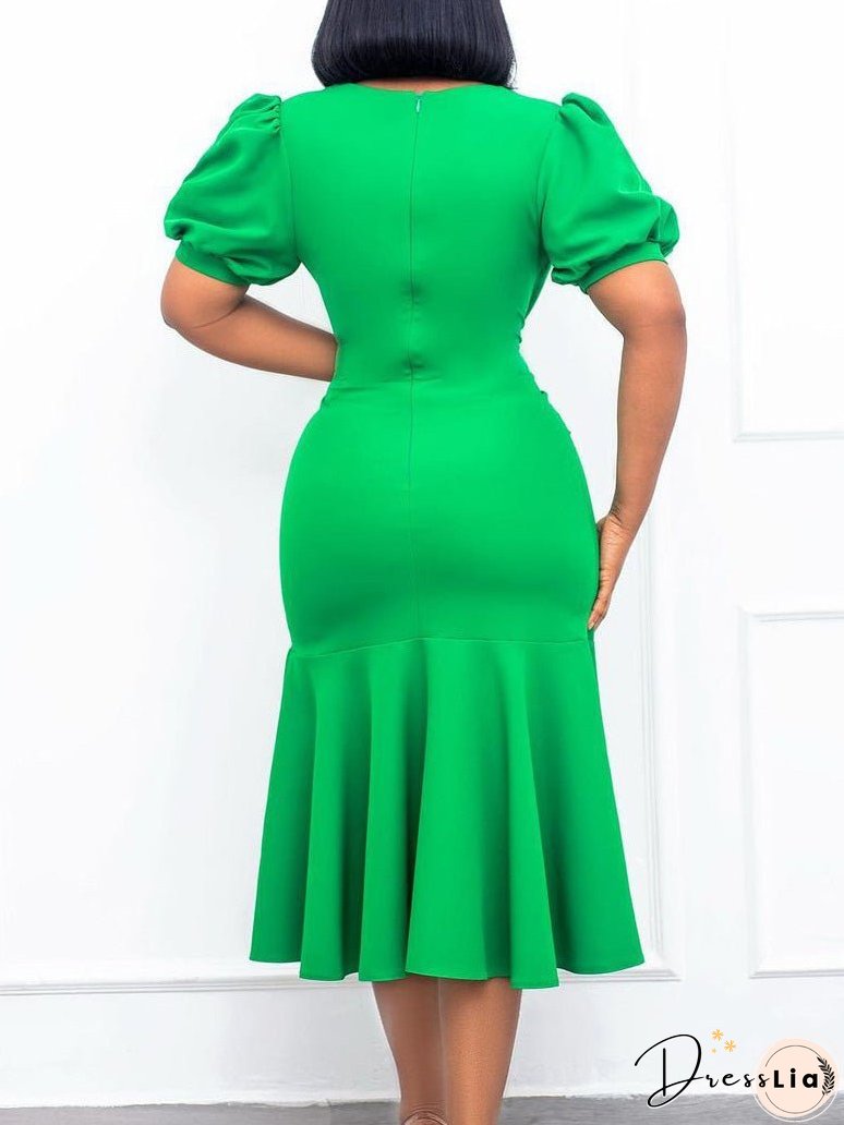 Dresses V-Neck Button Short Sleeve Ruffle Dress for Women