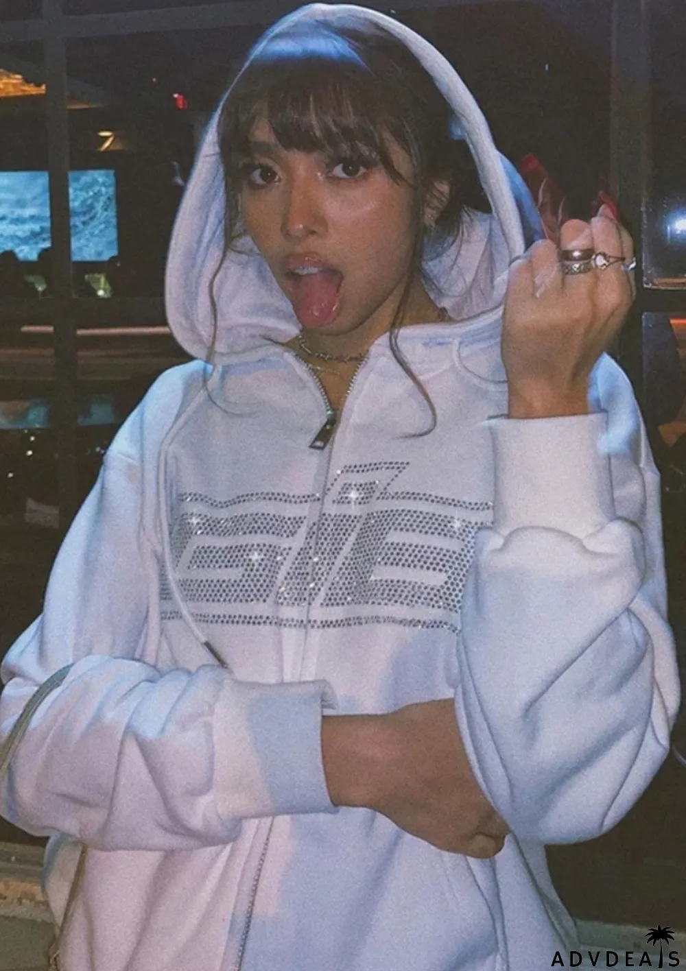 Autumn Sequin White Hooded Long Sleeve Jacket