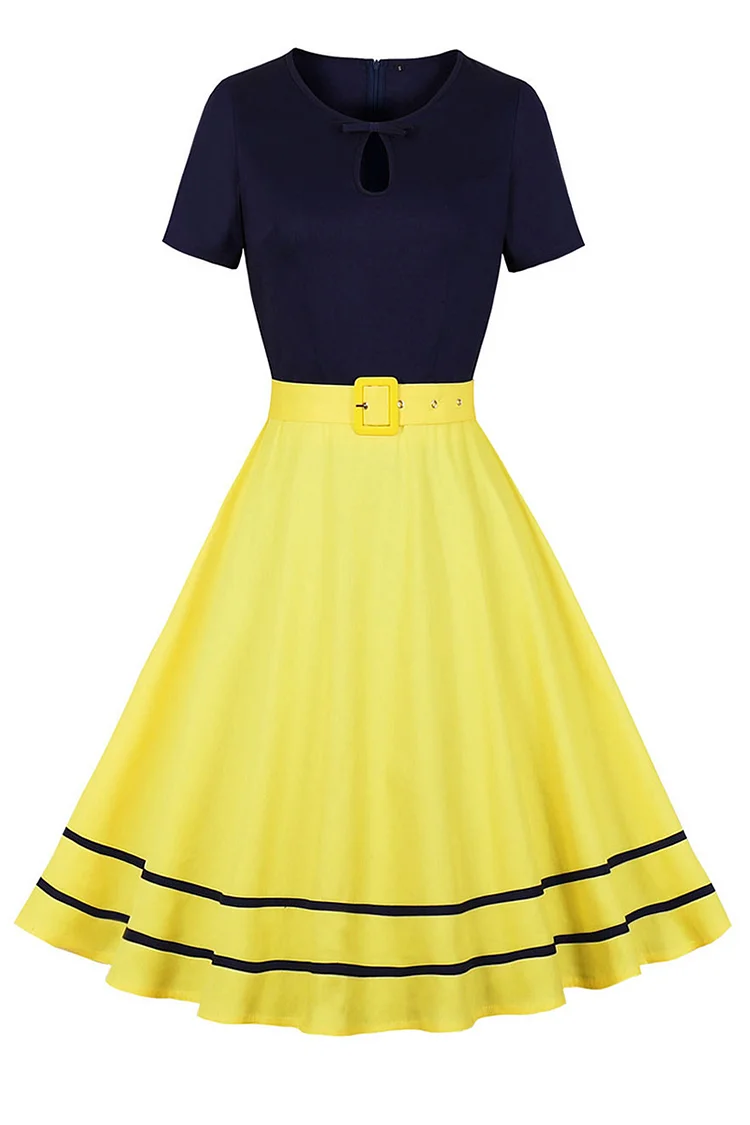 1950s Yellow Casual Patchwork Contrast Colors Cut Out Flare Swing Midi Dress (With Belt)