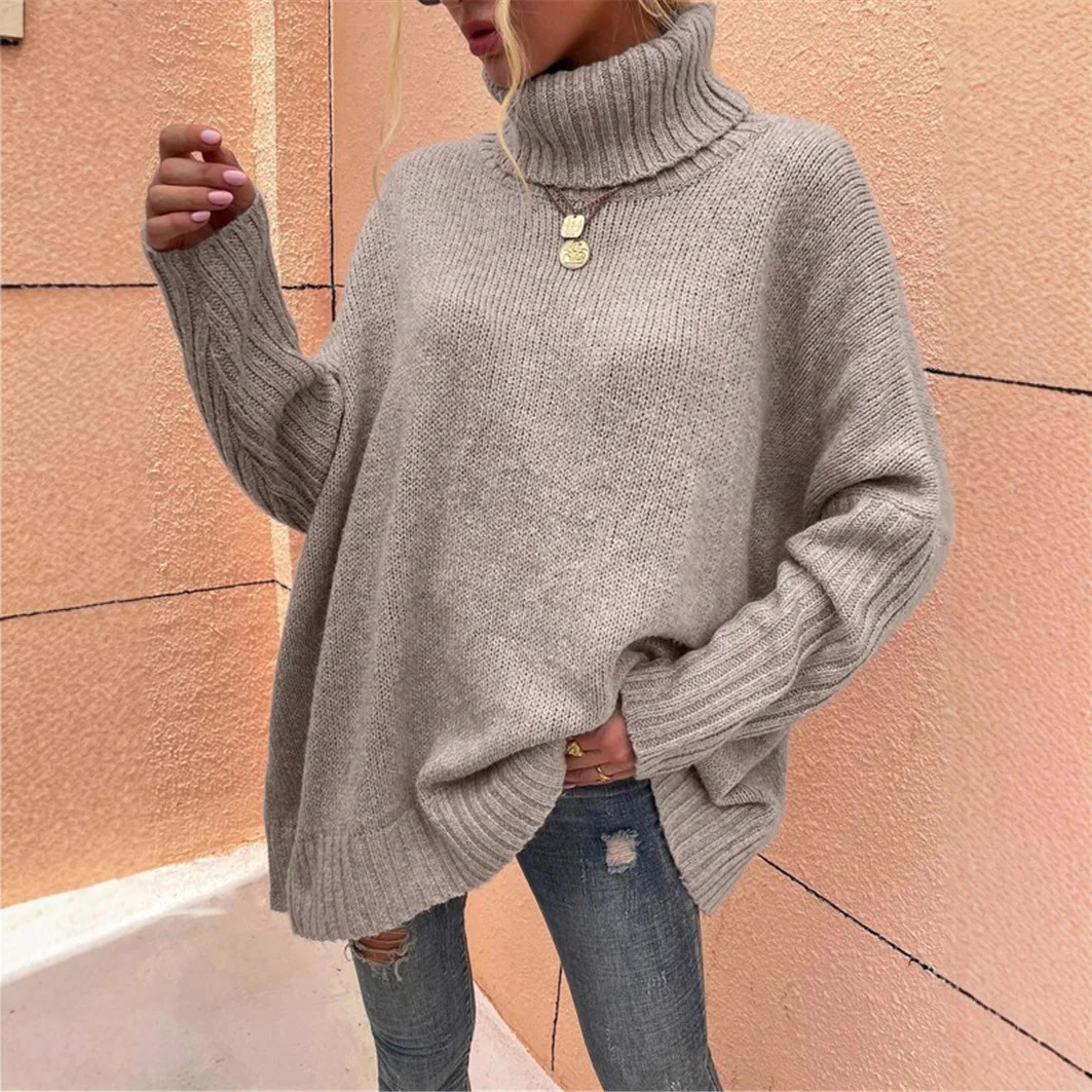Athvotar Athvotar And Winter New Loose Solid Color High-Collar Bat Sleeve Knitted Sweater