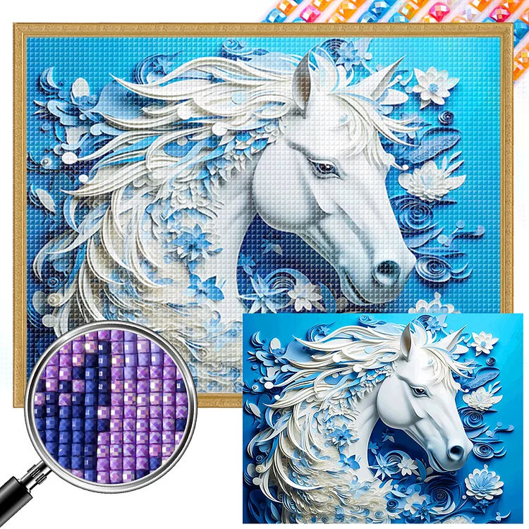 Paper Carved White Horse 40*30CM(Canvas) Full Square Drill Diamond Painting gbfke