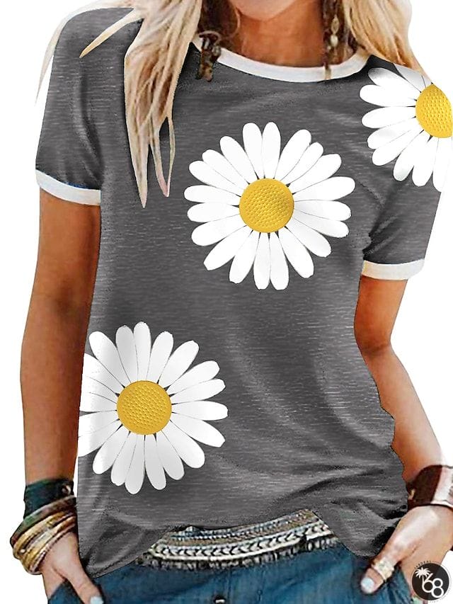Women's T shirt Tee Yellow Red Blue Floral Sunflower Short Sleeve Daily Round Neck Loose Fit S | 168DEAL
