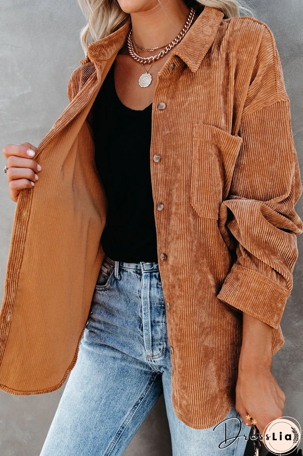 KarliDress Corduroy Button Down Pocket Top P12483