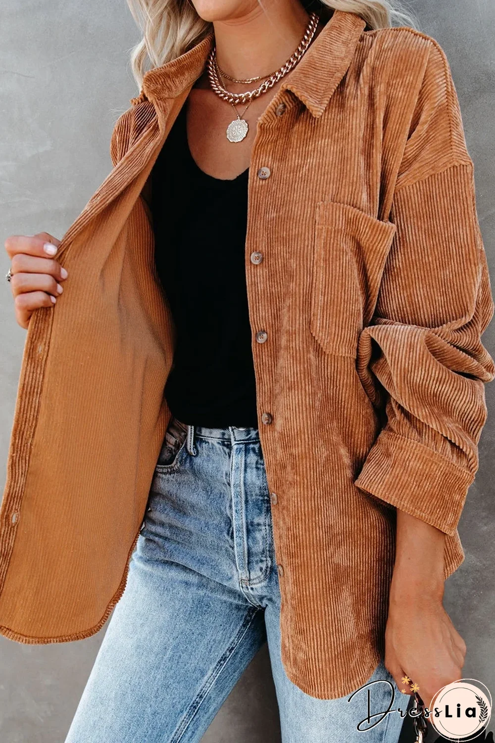 KarliDress Corduroy Button Down Pocket Top P12483