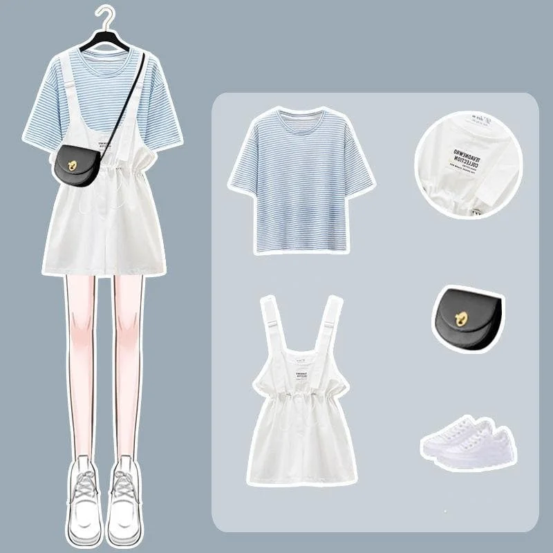Cute Summer Pastel Set Blue T-shirt White Dress Casual Outfit SP16030