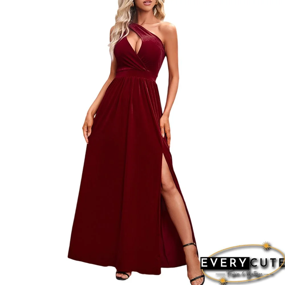 Burgundy Hollow-out One-shoulder Velvet Maxi Dress