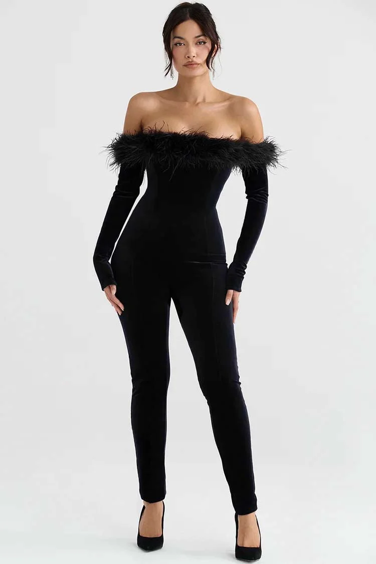 Off Shoulder Feather Trim Long Sleeve Velvet Jumpsuit