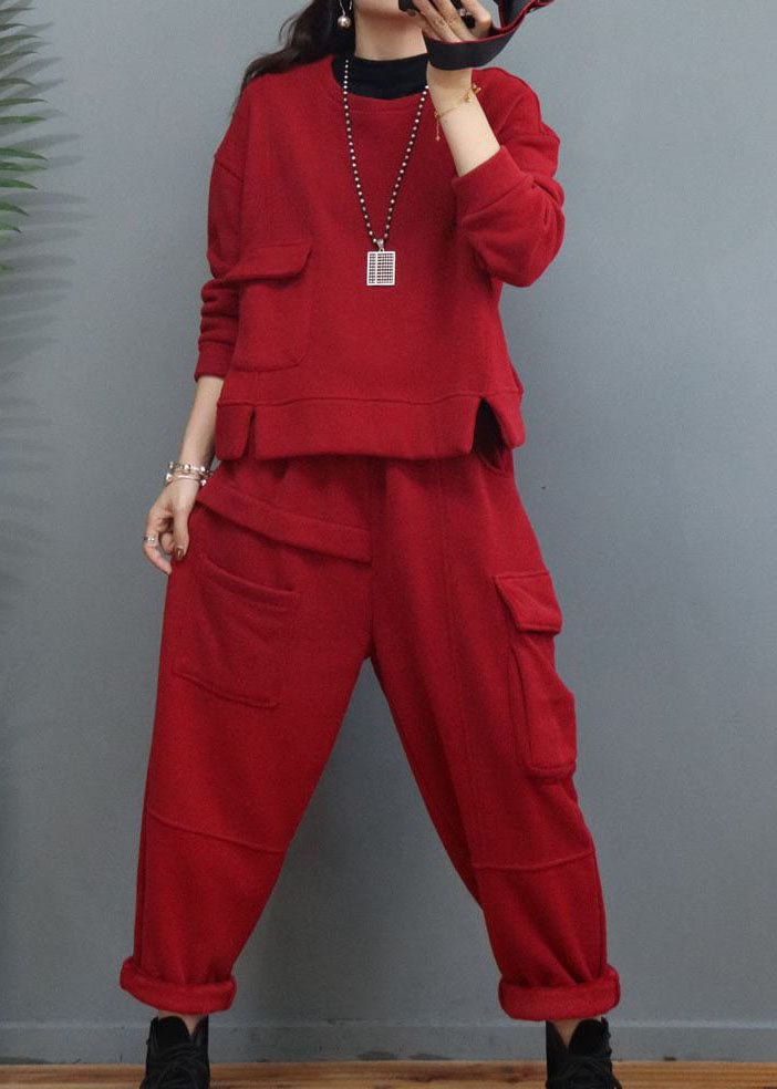 Casual Red Cinched Patchwork Warm Fleece Women Sets 2 Pieces Winter CK821- Fabulory