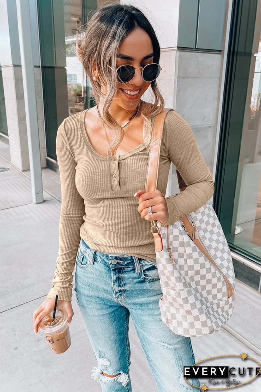 Khaki Crewneck Buttons Ribbed Knit Long Sleeve Top