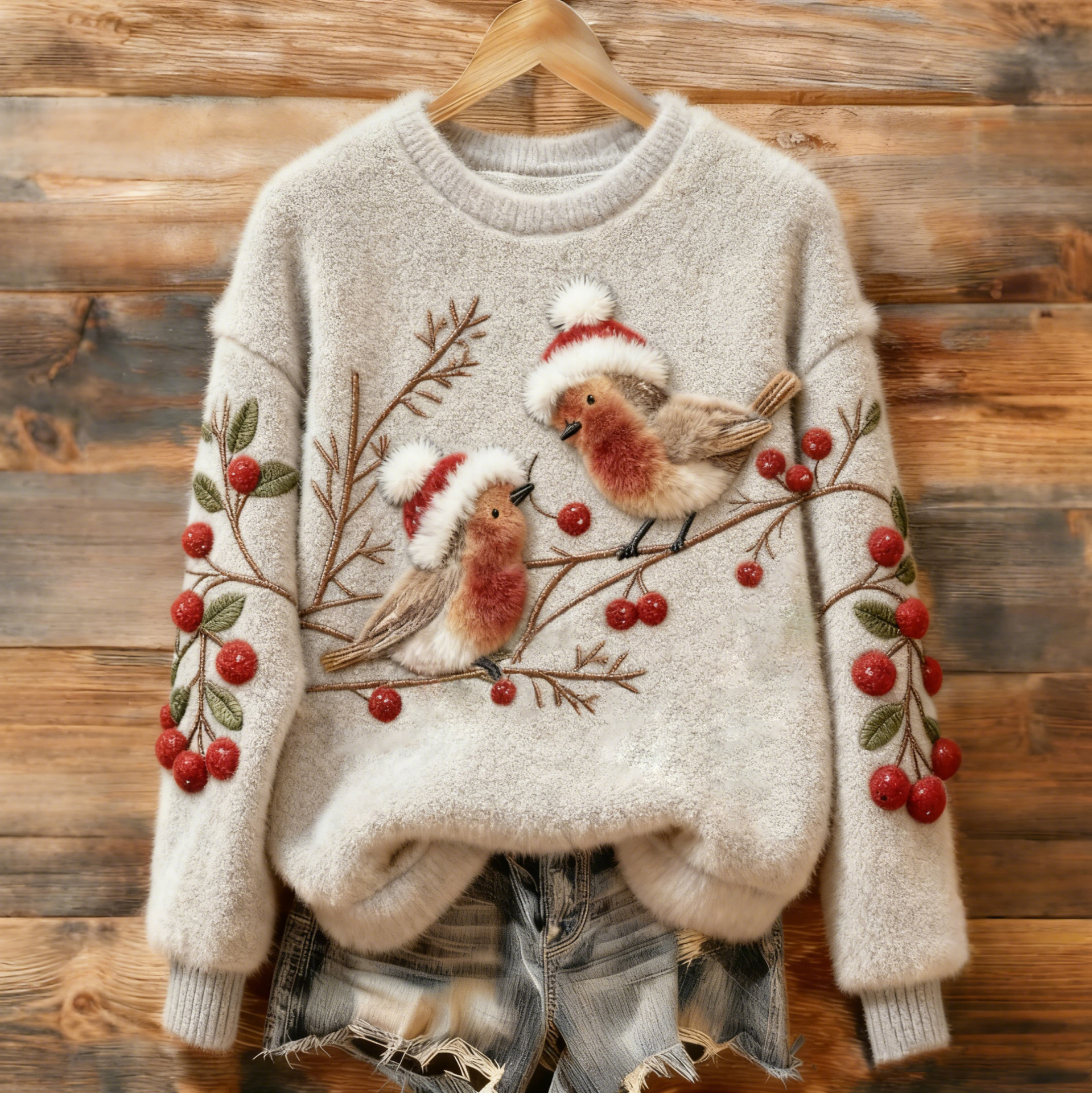 Women's Christmas Two Robins Art Cozy Plush Sweater wearshes
