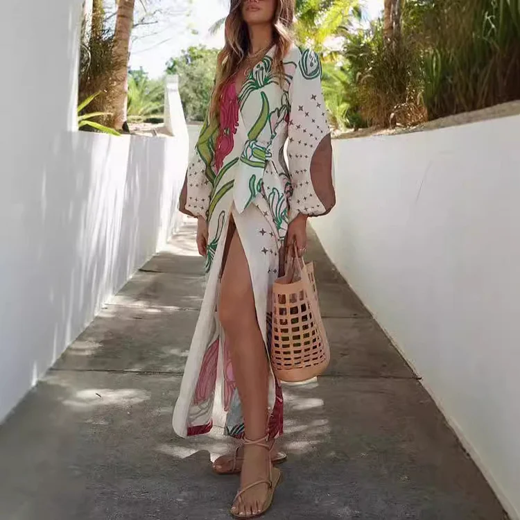 Puff Sleeve V Neck Printed Dress