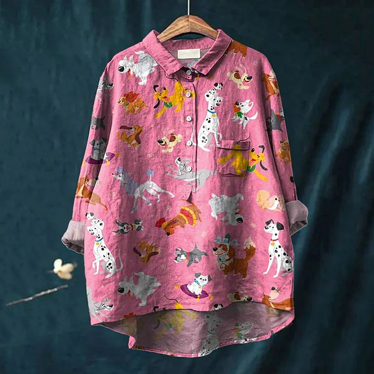 Art Dog Print Lapel Loose Shirt
