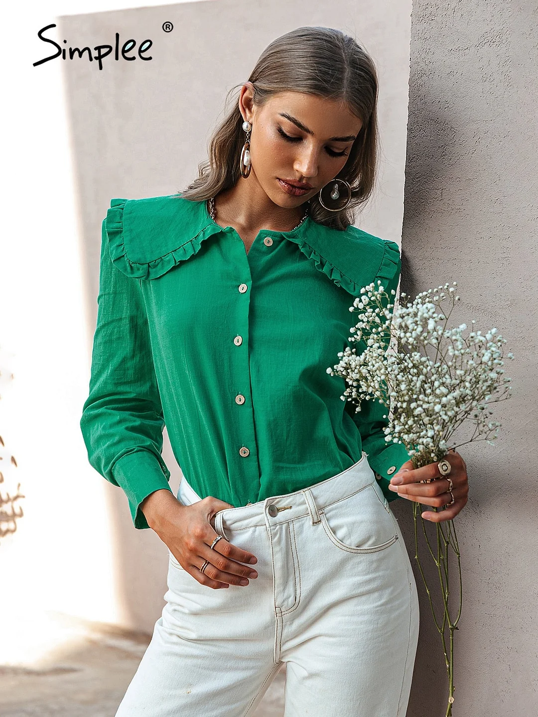 Simplee Green cotton puff sleeve retro shirt women Vintage peter pan collar lady fashion blouse Holiday female short shirts 2021