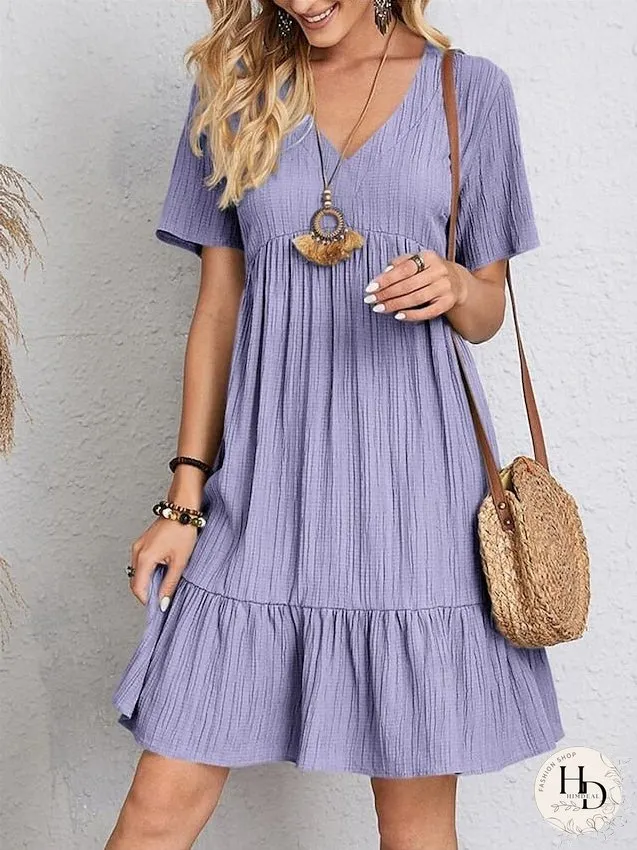 Casual Dress Shift Dress Plain Dress Plain Ruffle V Neck Midi Dress Basic Classic Outdoor Daily Short Sleeve Loose Fit Black Pink Red Spring Summer S M L XL XXL for Women