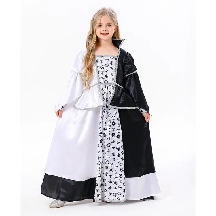 Kids Children Retro Medieval Black White Dress Outfits Costume Stage Performance Carnival Suit