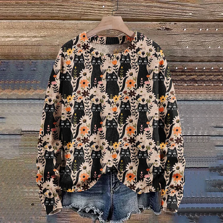 Halloween Black Cat Flower Art Print Knit Pullover Sweater