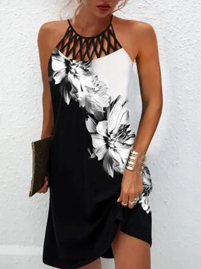 Colorblock Sleeveless Hollow Flower Printed Dress