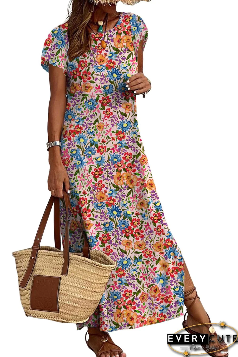 Multicolor Long Floral Print Short Sleeve Holiday Dress