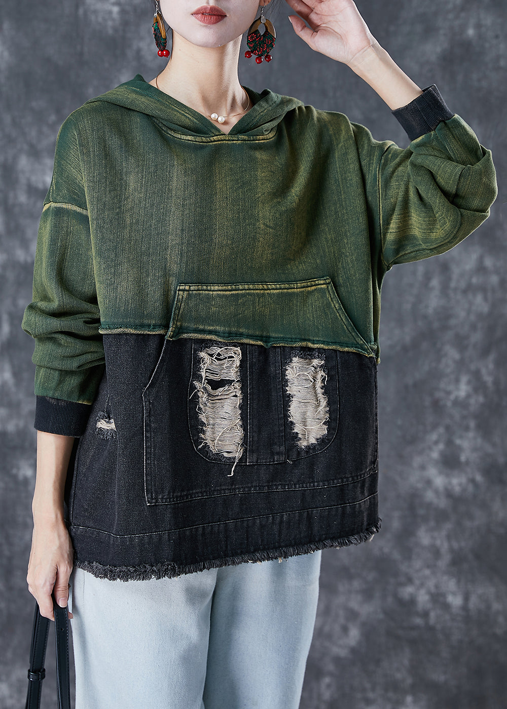 VCSHOES Colorblock Hooded Patchwork Cotton Ripped Sweatshirt Fall