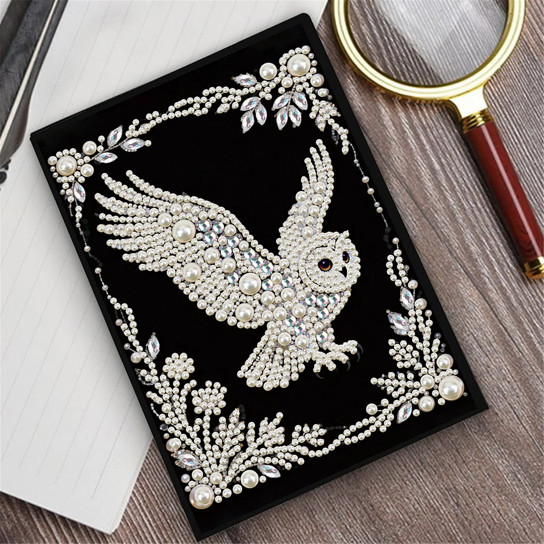 Owl Partial Pearl DIY 50 Pages A5 Diamond Painting Notebook Special Shaped Diamond Art Diary Book Kits Wireless Strip 5D Crystal Art Paintings Sketchbook for Art Drawing