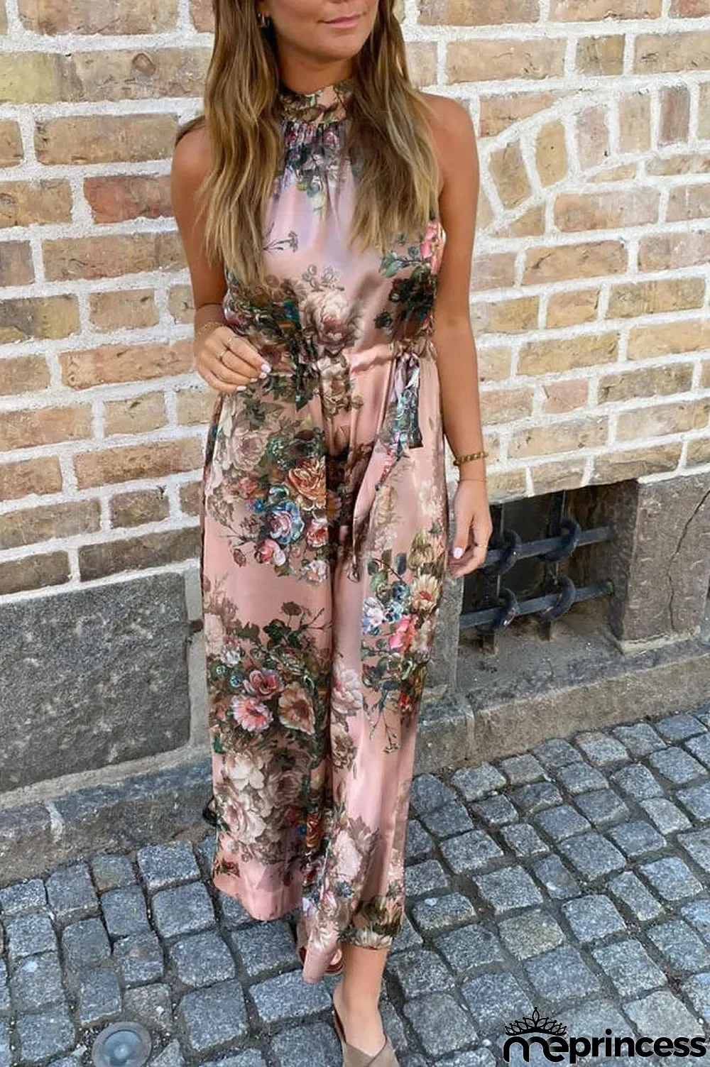 Elegant Vintage Rose Print Halter Neck Maxi Dress
