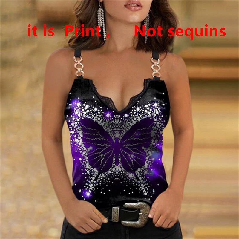 Sexy Tank Top Butterfly Print Sleeveless Casual Lace V-Neck Blouses & Shirts