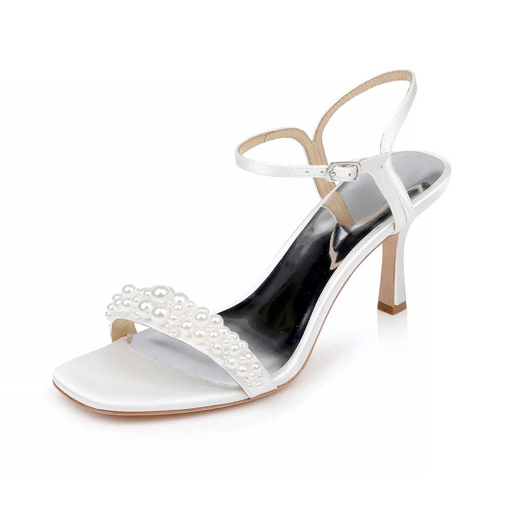 White Satin Square Toe Pearl Embellished Ankle Strap Heel Sandals   Nicepairs