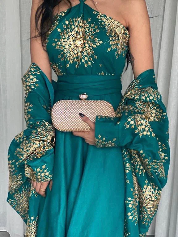 Gold embroidered dress + baggy cardigan two-piece set فساتين
