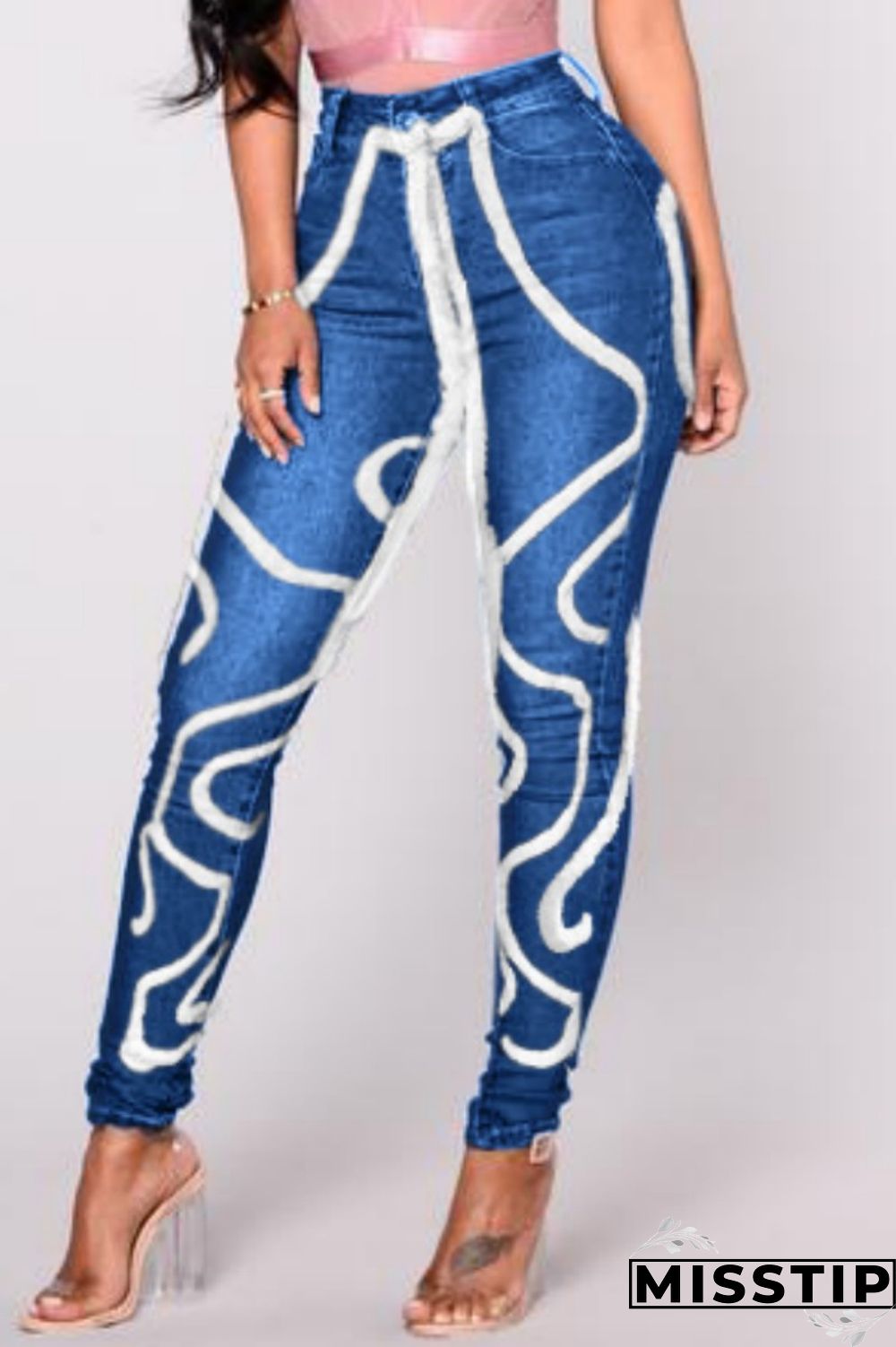 Light Blue Casual Solid Patchwork Mid Waist Regular Denim Jeans