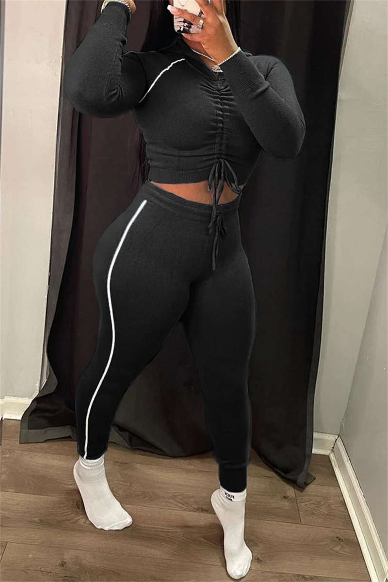 Black Fashion Casual Solid Split Joint Draw String V Neck Long Sleeve Two Pieces